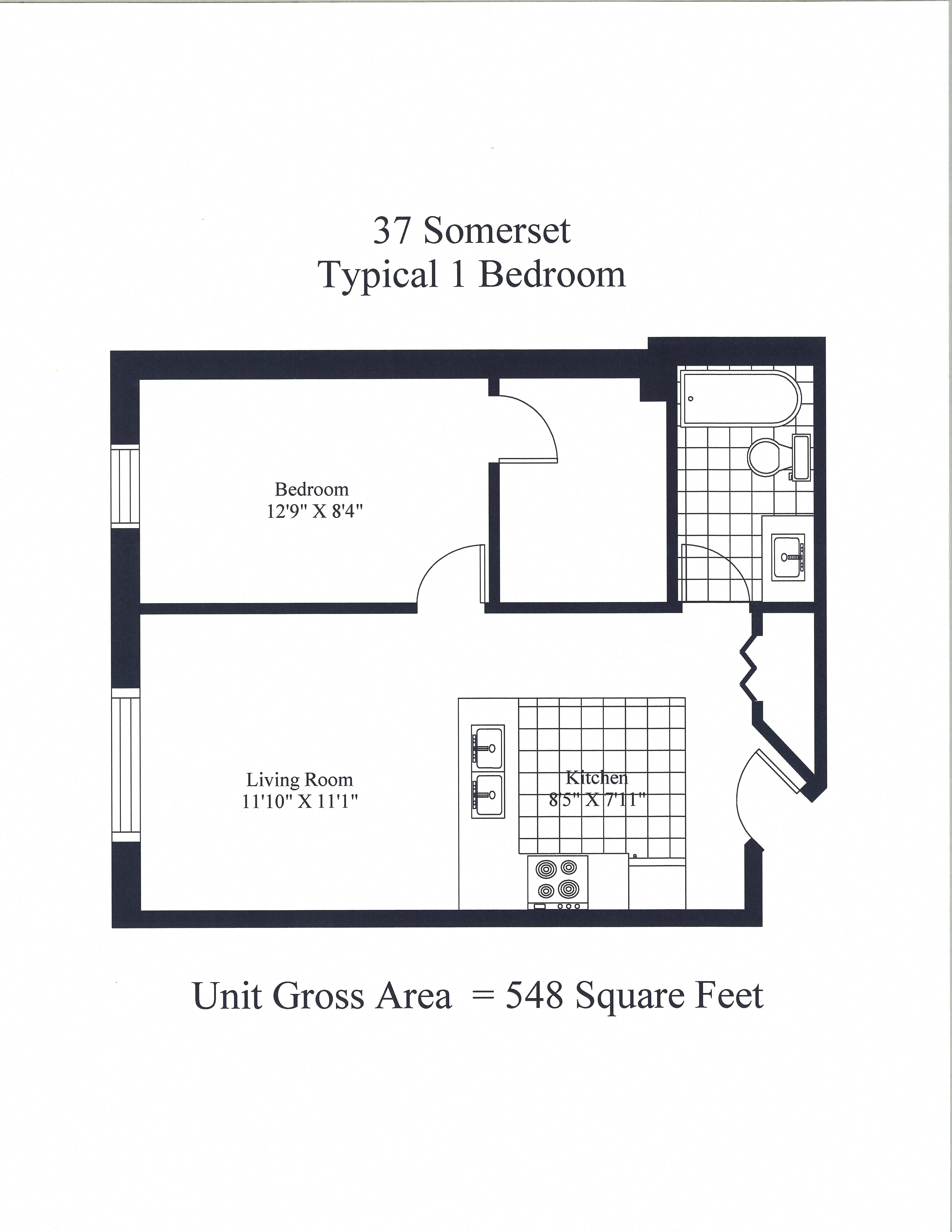 Floor plan for 1 bed, 1 bath, 650 sqft